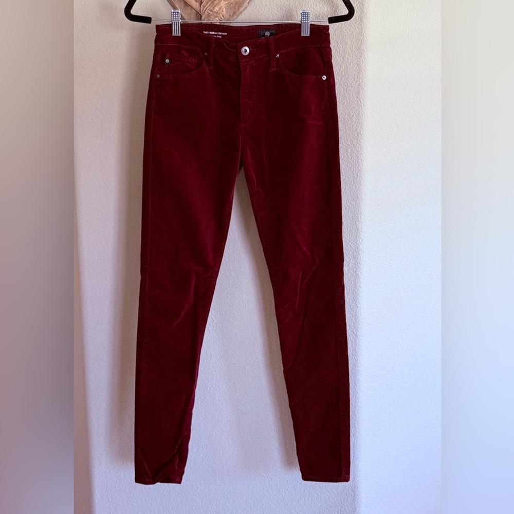 AG ADRIANO GOLDSCHMIED FARRAH SKINNY HIGH-RISE BURGUNDY VELVET JEANS 27R EUC